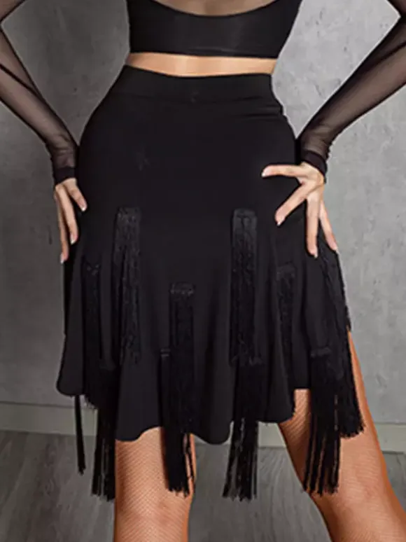 Womens Latin Dance 2-piece Transparent Long Sleeves Tops And Tassels Skirt Ballroom Salsa Tango Skirt