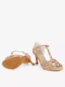 Women's Latin Dance Shoes Peep Toe Rhinestones T Strap High Heel Ballroom Dance Shoes