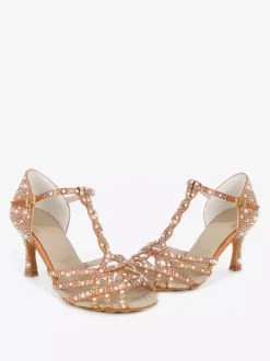 Women's Latin Dance Shoes Peep Toe Rhinestones T Strap High Heel Ballroom Dance Shoes