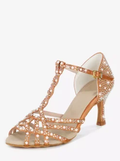 Women's Latin Dance Shoes Peep Toe Rhinestones T Strap High Heel Ballroom Dance Shoes