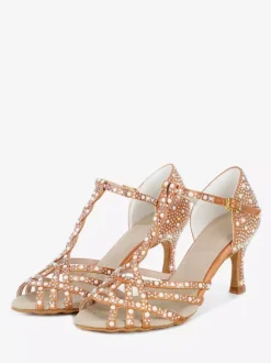 Women's Latin Dance Shoes Peep Toe Rhinestones T Strap High Heel Ballroom Dance Shoes