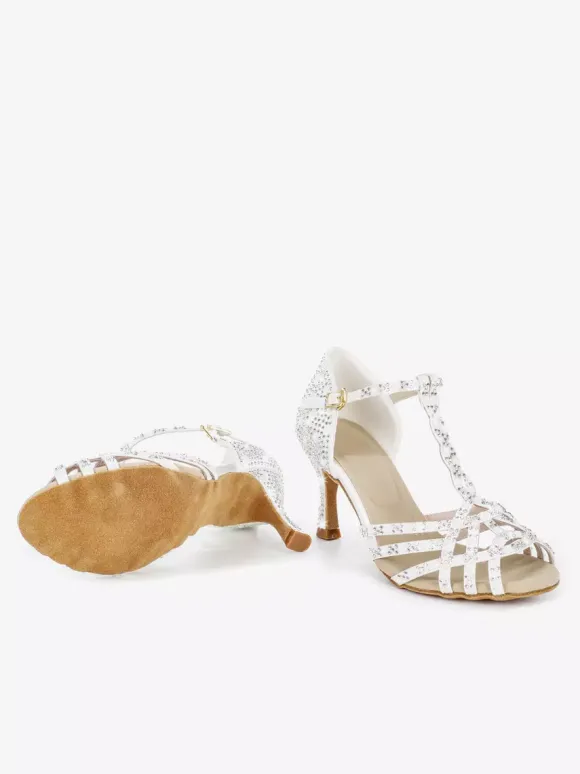 Women's Latin Dance Shoes Peep Toe Rhinestones T Strap High Heel Ballroom Dance Shoes