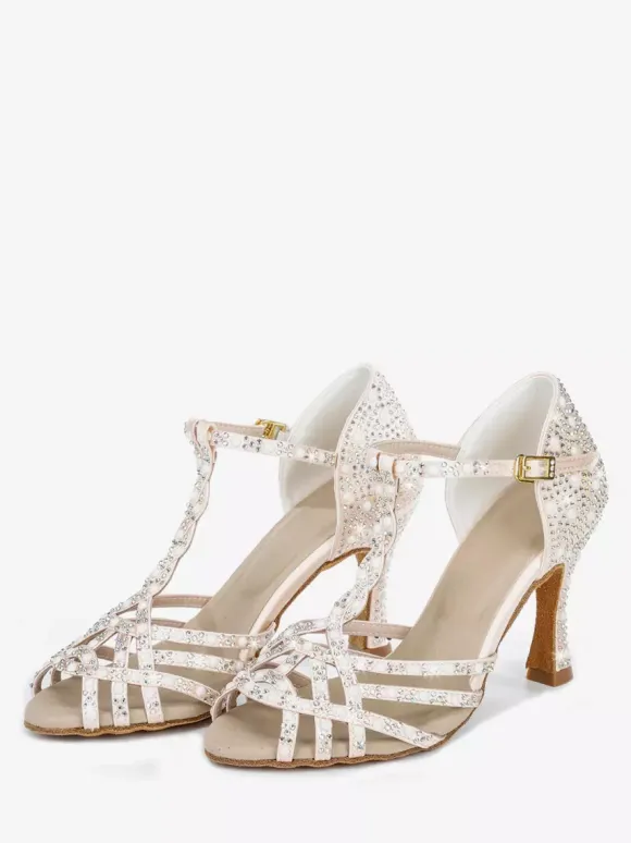 Women's Latin Dance Shoes Peep Toe Rhinestones T Strap High Heel Ballroom Dance Shoes