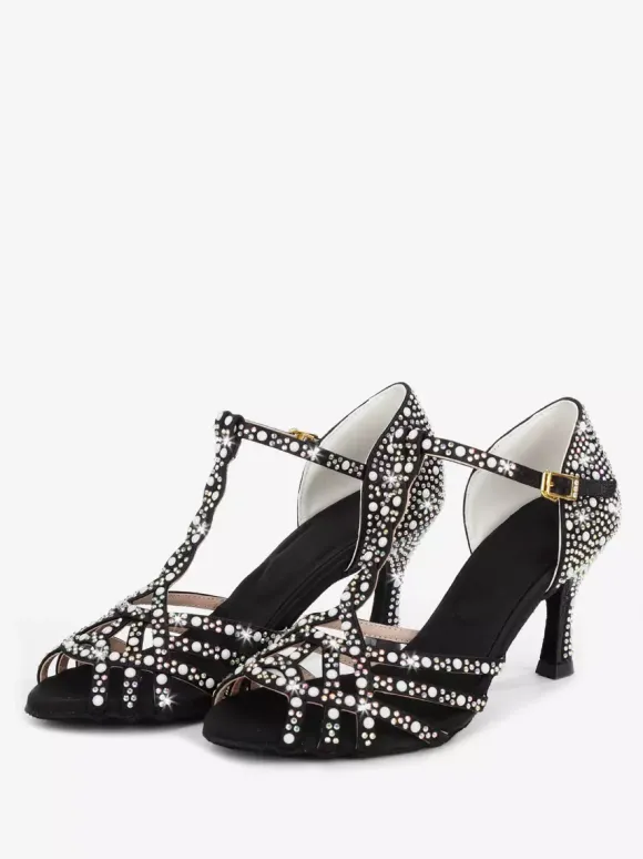 Women's Latin Dance Shoes Peep Toe Rhinestones T Strap High Heel Ballroom Dance Shoes