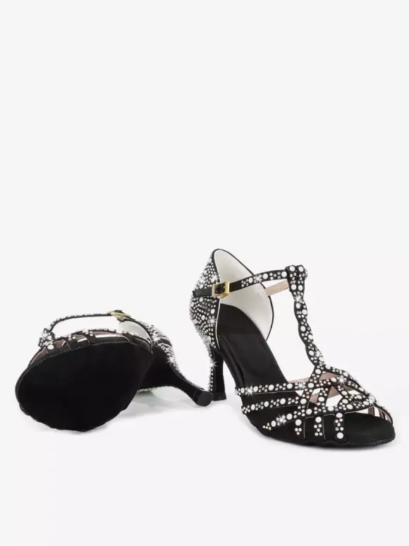 Women's Latin Dance Shoes Peep Toe Rhinestones T Strap High Heel Ballroom Dance Shoes