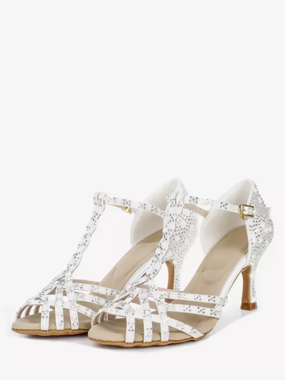 Women's Latin Dance Shoes Peep Toe Rhinestones T Strap High Heel Ballroom Dance Shoes