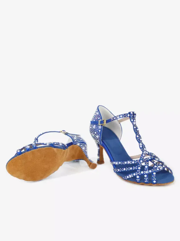 Women's Latin Dance Shoes Peep Toe Rhinestones T Strap High Heel Ballroom Dance Shoes