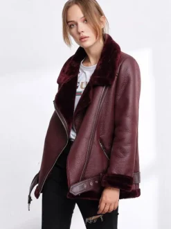 Women's Leather Jacket Faux Shearling PU Moto Jacket Winter Outerwear