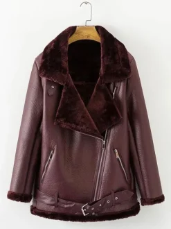 Women's Leather Jacket Faux Shearling PU Moto Jacket Winter Outerwear