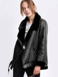 Women's Leather Jacket Faux Shearling PU Moto Jacket Winter Outerwear