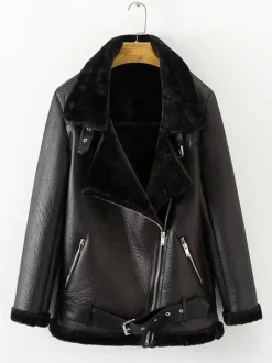 Women's Leather Jacket Faux Shearling PU Moto Jacket Winter Outerwear