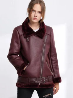 Women's Leather Jacket Faux Shearling PU Moto Jacket Winter Outerwear