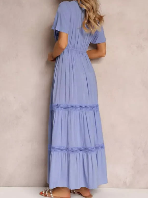 Women's Light Blue V Neck Lace Trim Maxi Dress Short Sleeve Tiered Flowy Casual Summer Dress