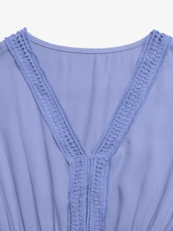 Women's Light Blue V Neck Lace Trim Maxi Dress Short Sleeve Tiered Flowy Casual Summer Dress