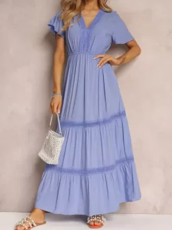 Women's Light Blue V Neck Lace Trim Maxi Dress Short Sleeve Tiered Flowy Casual Summer Dress