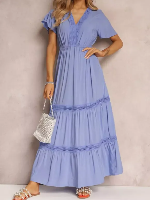 Women's Light Blue V Neck Lace Trim Maxi Dress Short Sleeve Tiered Flowy Casual Summer Dress