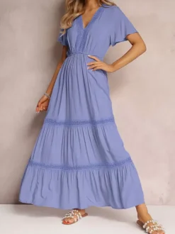 Women's Light Blue V Neck Lace Trim Maxi Dress Short Sleeve Tiered Flowy Casual Summer Dress