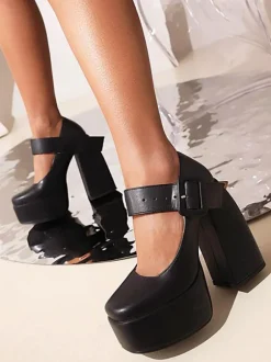 Women's Mary Jane Buckle Platform Chunky Heel Pumps