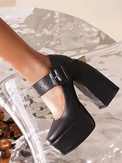 Women's Mary Jane Buckle Platform Chunky Heel Pumps
