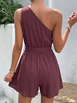 Women's Mauve One-Shoulder Belted Romper Textured Fabric Tie Waist Casual Summer Playsuit