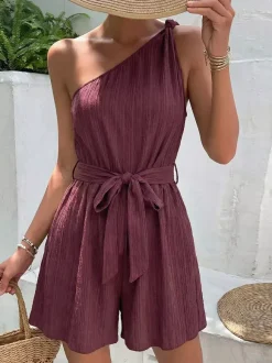 Women's Mauve One-Shoulder Belted Romper Textured Fabric Tie Waist Casual Summer Playsuit