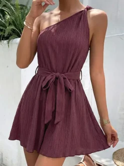 Women's Mauve One-Shoulder Belted Romper Textured Fabric Tie Waist Casual Summer Playsuit