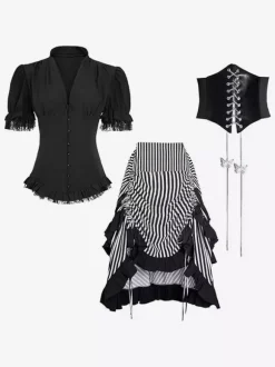 Women's Medieval Dress Striped Pirate Dress Gothic Pirate Costume Hi-Low Skirt 3 Piece Set