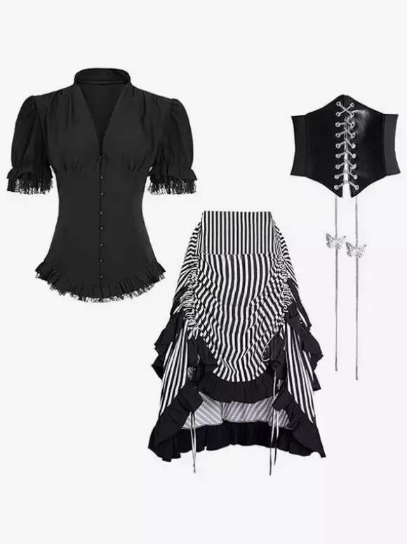 Women's Medieval Dress Striped Pirate Dress Gothic Pirate Costume Hi-Low Skirt 3 Piece Set