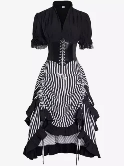 Women's Medieval Dress Striped Pirate Dress Gothic Pirate Costume Hi-Low Skirt 3 Piece Set