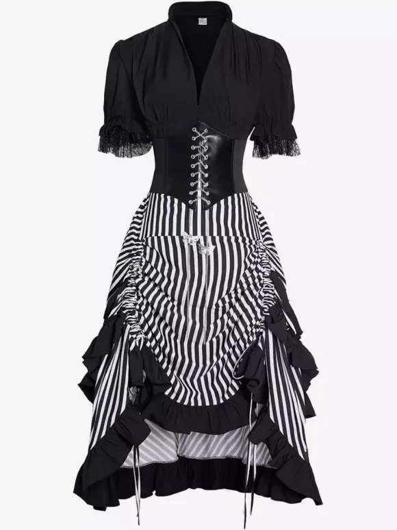Women's Medieval Dress Striped Pirate Dress Gothic Pirate Costume Hi-Low Skirt 3 Piece Set