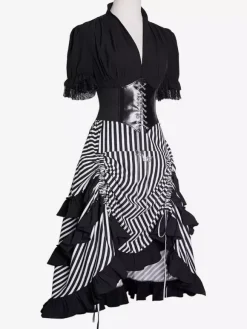 Women's Medieval Dress Striped Pirate Dress Gothic Pirate Costume Hi-Low Skirt 3 Piece Set