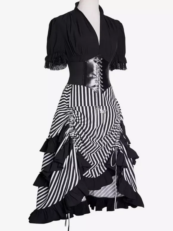 Women's Medieval Dress Striped Pirate Dress Gothic Pirate Costume Hi-Low Skirt 3 Piece Set