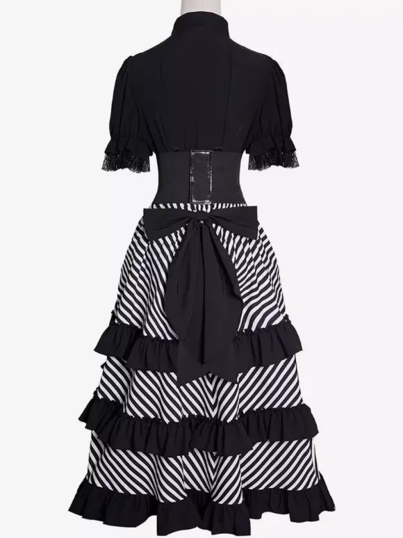 Women's Medieval Dress Striped Pirate Dress Gothic Pirate Costume Hi-Low Skirt 3 Piece Set