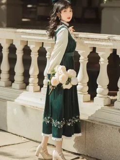 Womens Medieval Peasant Dress Puff Sleeves Velvet Patchwork Vintage Dress