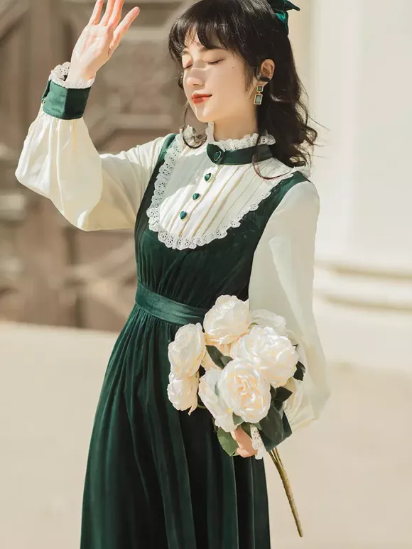 Womens Medieval Peasant Dress Puff Sleeves Velvet Patchwork Vintage Dress