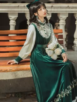 Womens Medieval Peasant Dress Puff Sleeves Velvet Patchwork Vintage Dress