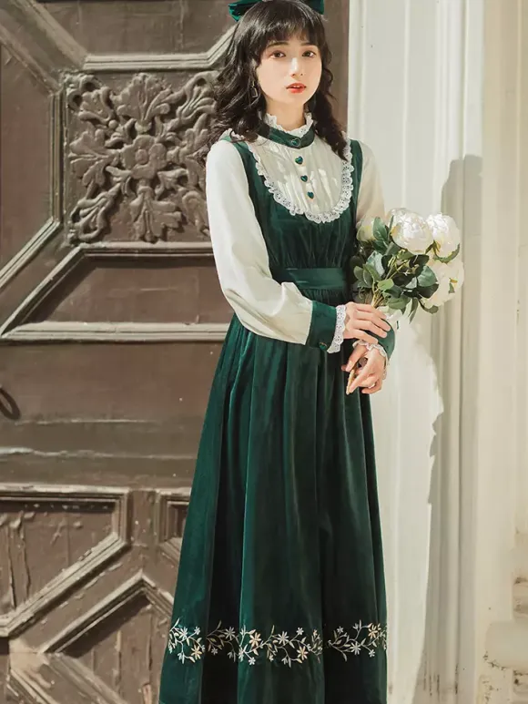 Womens Medieval Peasant Dress Puff Sleeves Velvet Patchwork Vintage Dress