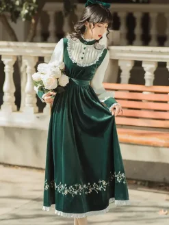 Womens Medieval Peasant Dress Puff Sleeves Velvet Patchwork Vintage Dress