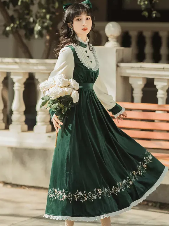 Womens Medieval Peasant Dress Puff Sleeves Velvet Patchwork Vintage Dress
