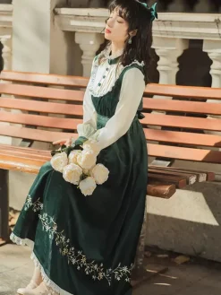 Womens Medieval Peasant Dress Puff Sleeves Velvet Patchwork Vintage Dress