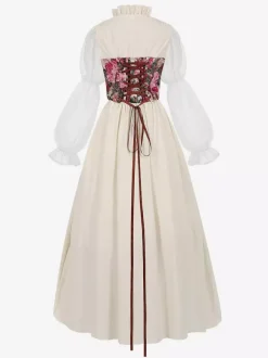 Womens Medieval Renaissance Costume Floral Bandage Lace Up Vintage Costumes