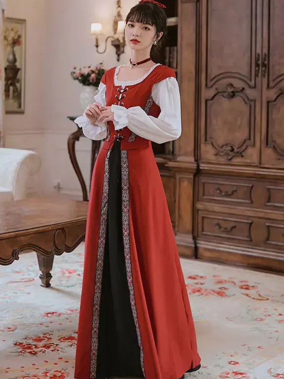 Womens Medieval Retro Court Costume Lace Up Girdle Long Dress Burgundy
