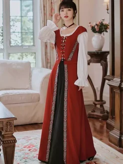 Womens Medieval Retro Court Costume Lace Up Girdle Long Dress Burgundy