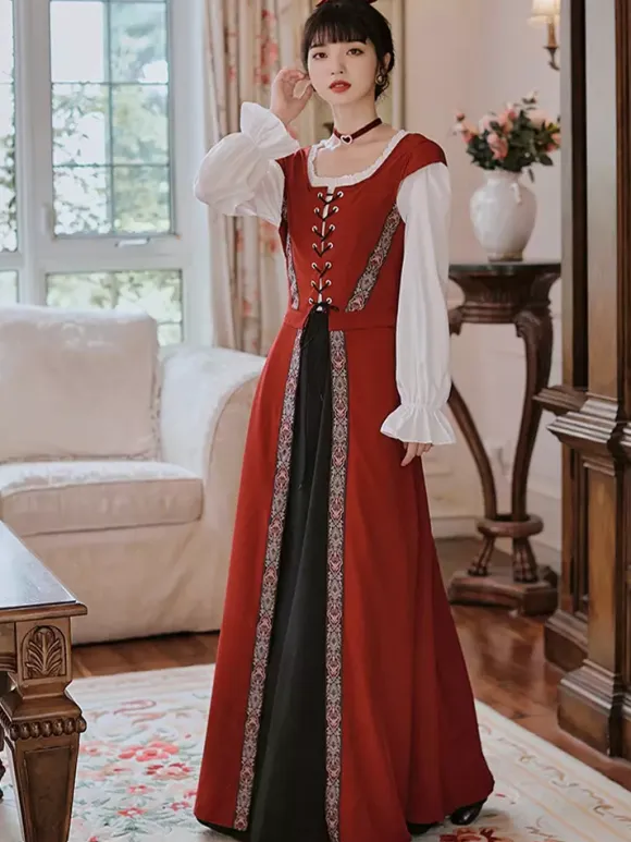 Womens Medieval Retro Court Costume Lace Up Girdle Long Dress Burgundy