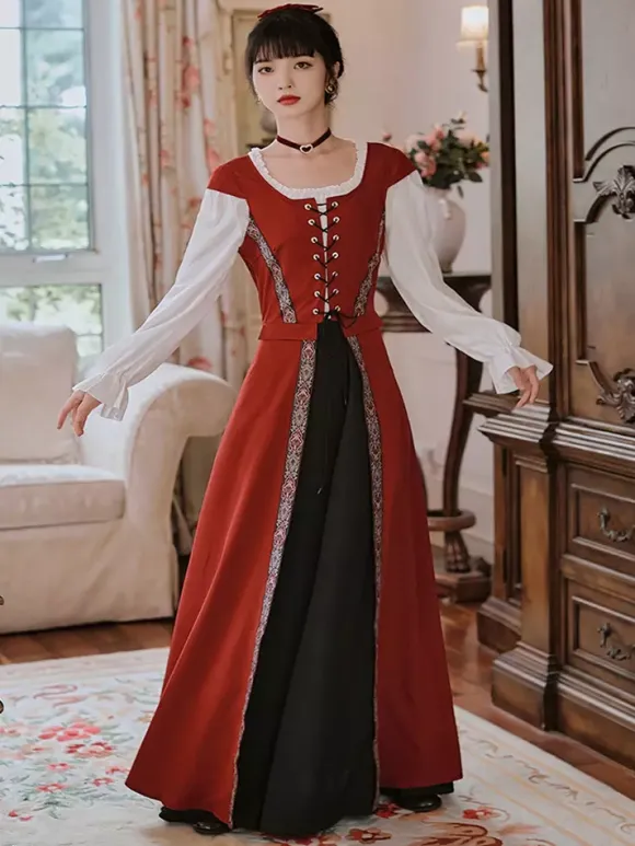 Womens Medieval Retro Court Costume Lace Up Girdle Long Dress Burgundy
