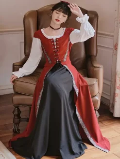 Womens Medieval Retro Court Costume Lace Up Girdle Long Dress Burgundy