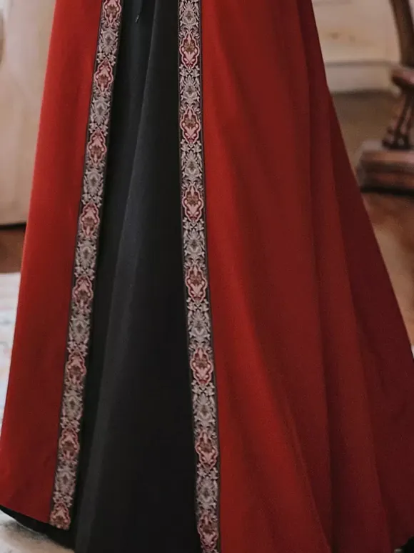 Womens Medieval Retro Court Costume Lace Up Girdle Long Dress Burgundy
