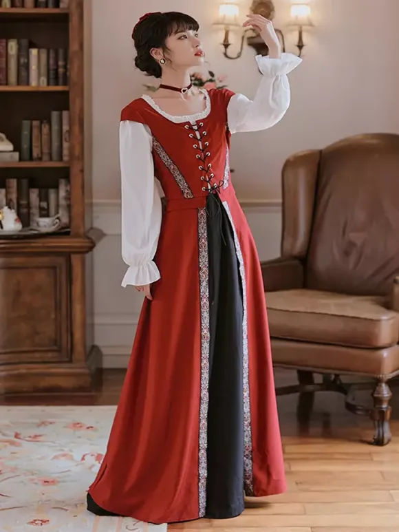 Womens Medieval Retro Court Costume Lace Up Girdle Long Dress Burgundy