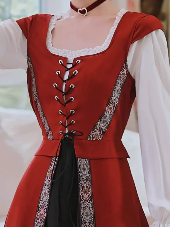 Womens Medieval Retro Court Costume Lace Up Girdle Long Dress Burgundy