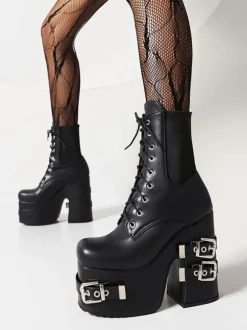 Women's Metal Details PU Leather Round Toe Heelless Ankle Boots